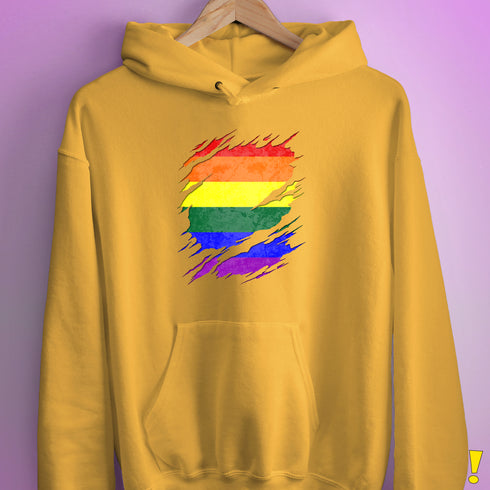 LGBTQ Pride Flag Ripped Reveal Hoodie - Mustard